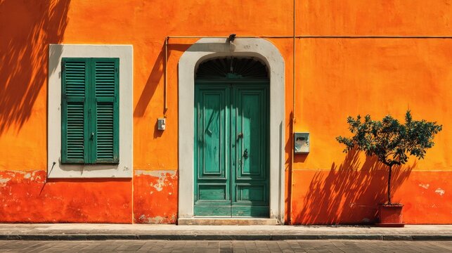 Vibrant orange Mediterranean building facade with green wooden door and shutters