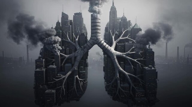 City shaped like human lungs with smoke pollution illustrating air contamination and environmental health risks