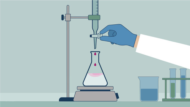 Scientist Hand with Glove Performing Titration Experiment with Burette and Erlenmeyer Flask on Retort Stand in Laboratory Flat Vector Illustration