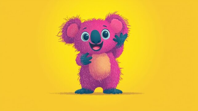 Cartoon Pink Fuzzy Koala Standing on Yellow Background.  Possible Use Children's book illustration