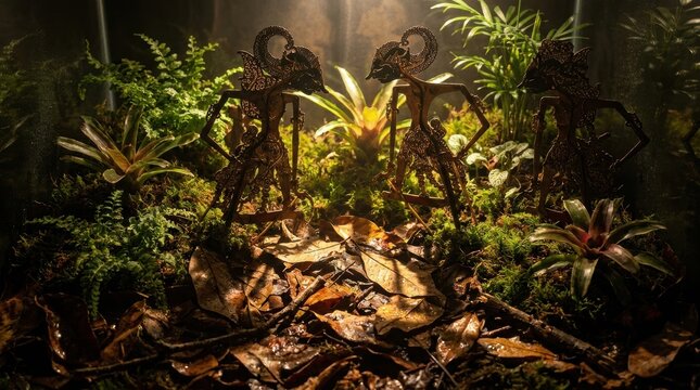 Three intricately carved Indonesian Wayang Kulit leather shadow puppets positioned within a miniature tropical forest setting featuring lush moss, ferns, and dried leaves under warm light.