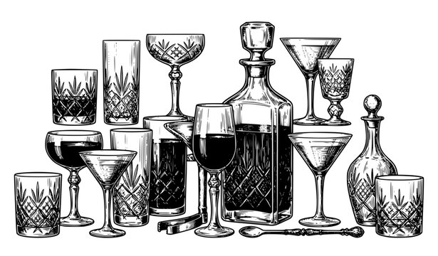 Vintage Crystal Glassware and Decanter Vector Set with Detailed Engravings for Bar Menus, Luxury Branding, and Alcohol Packaging Designs