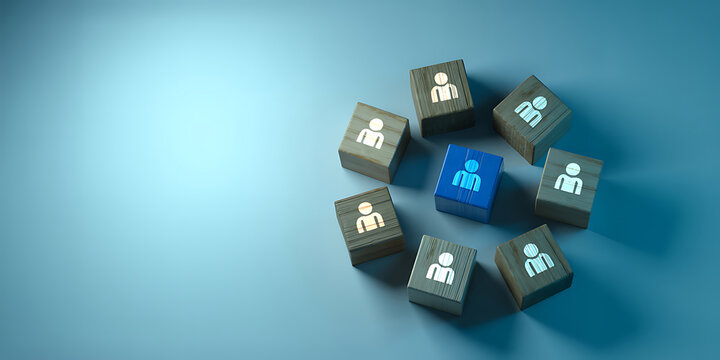 A blue block with a person icon stands out among similar wooden blocks on a gradient blue background representing individuality or leadership