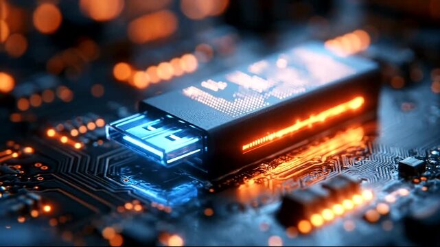 USB drive glowing on circuit board with lights