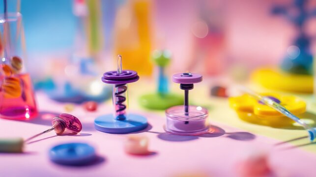 Colorful laboratory tools and materials are arranged on a table for a science experiment in a creative workspace during the day