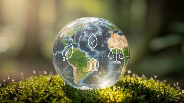 Earth globe on green moss with environmental protection icons and sunlight in nature background