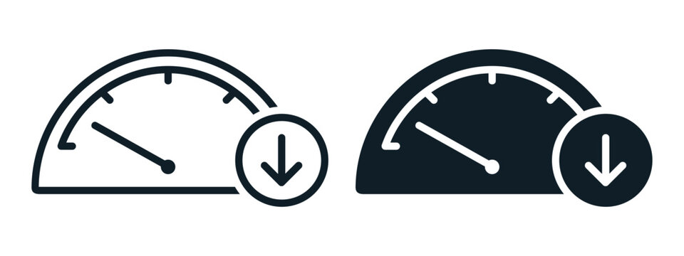 Performance Drop Icon with Down Arrow and Meter Symbol. Productivity Decline. Vector Illustration