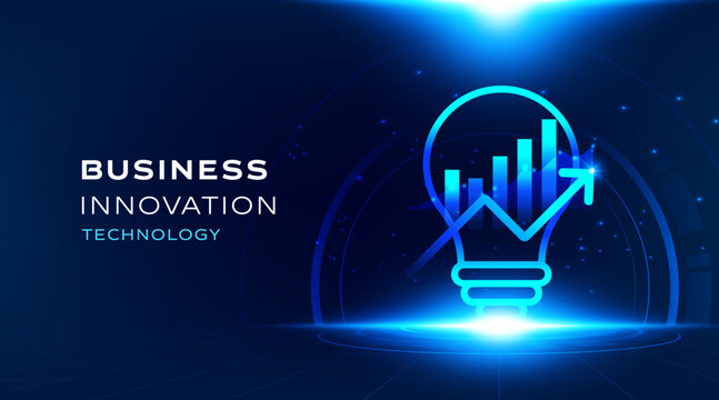 Business innovation technology vector banner with glowing light bulb and futuristic blue digital background. Modern startup growth presentation design with creative idea and financial analytics