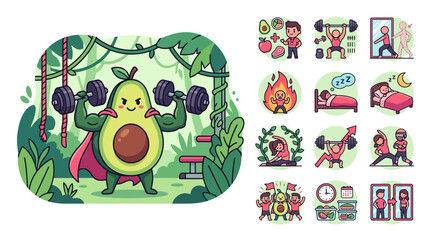 Fototapeta premium Cute Chibi Flat Vector Illustration of a Superhero Avocado Lifting Weights in a Jungle Gym with Fitness Icons for Health, Workout, Nutrition, Weight Loss, and Sleep Lifestyle.