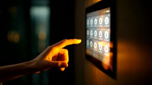 User interacting with a smart control panel at night