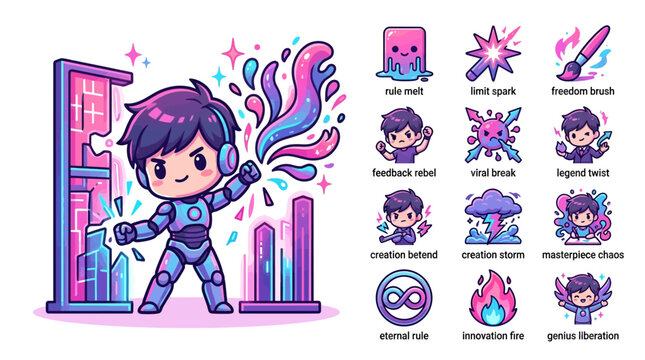 Flat vector illustration set of a chibi character in futuristic tech armor alongside twelve conceptual icons including innovation fire, freedom brush, and masterpiece chaos on white.