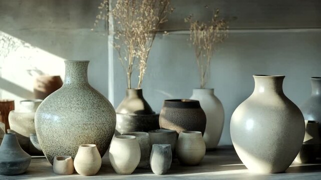 Various ceramic vases arranged on a wooden table