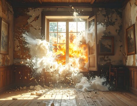 A room with a large explosion near a window