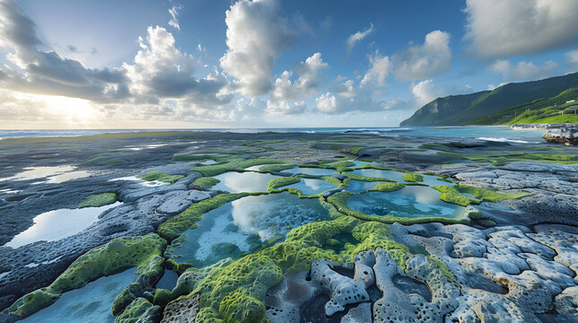 Tide pools on a rocky coastline with green algae and a mountain in the background under a cloudy sky
