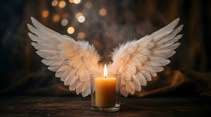 Fototapeta premium Glowing candle with white wings and bokeh lights, suitable for bereavement announcements, memorial cards, and condolence graphics.
