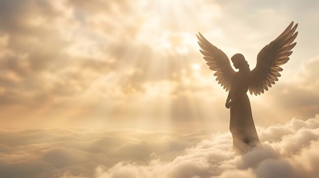 Guardian angel silhouette in golden light with clouds, ideal for sympathy cards, funeral programs, worship slides, and memorial backgrounds.