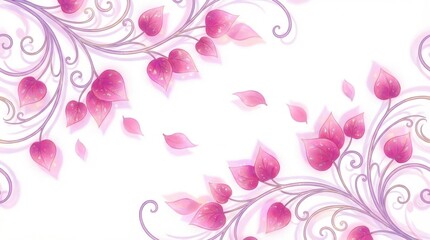 Obraz premium Elegant Floral Design with Pink Petals and Swirling Vines on White Background.