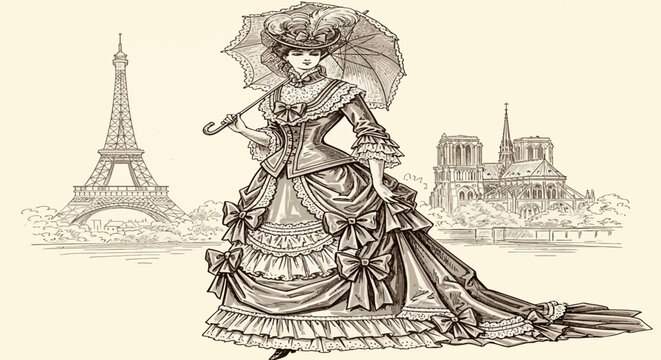 Woman in elegant dress with Eiffel Tower.