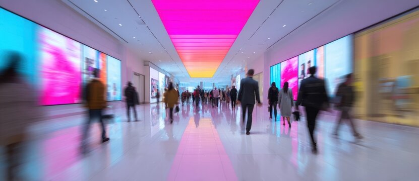Bright blur of people walking in a modern shopping mall with colorful digital screens