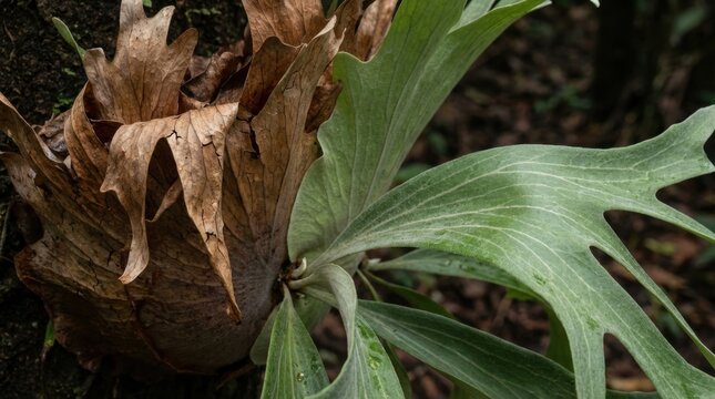 Close-up of a Staghorn Fern - A Detailed Botanical Study of the Plants Unique Structure.
