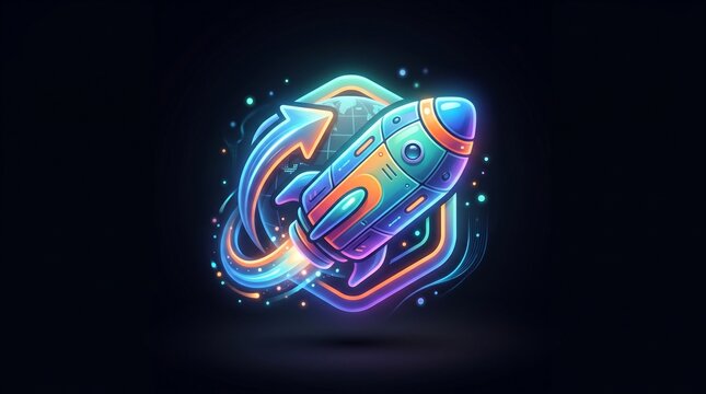 Glowing iridescent rocket icon launching upward with neon light trails