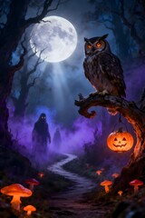 Fototapeta premium Enchanted Moonlit Forest with Mystical Owl and Glowing Lanterns