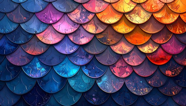 A colorful, shimmering fish-scale pattern transitions from blue to orange