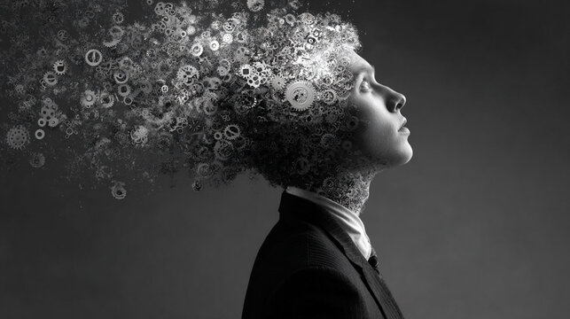 Man with gears emerging from head, thinking deeply in darkness