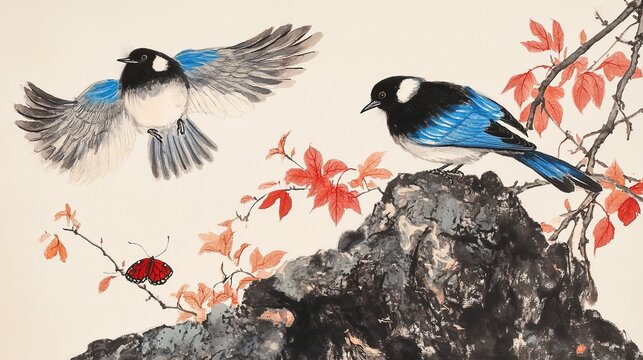 Chinese ink wash painting two birds flying and perched blue grey black head white underside red leaves green foliage dark textured rock red butterfly on rock light cream background