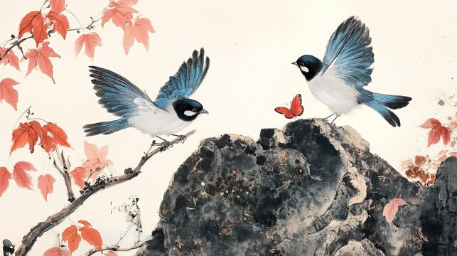 Traditional Chinese ink painting two birds flight and perched blue grey feathers black head white belly red leaves green foliage dark textured rock red butterfly perched light cream