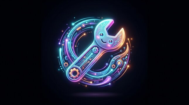A cute wrench character with neon trails