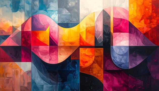 A vibrant abstract artwork with geometric shapes and colors