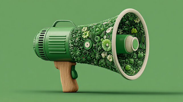 Green marketing communication concept with megaphone and eco-friendly symbols on a vibrant green background