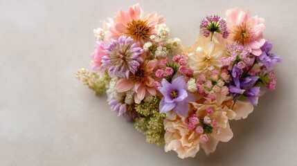 Obraz premium Heart-Shaped Arrangement of Delicate Flowers in Soft Pastel Colors on a Neutral Background