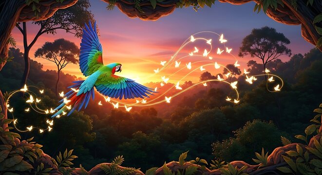 Colorful Parrot Flying in Tropical Forest at Sunset, tropical sunset, flying parrot, rainforest wildlife, exotic bird, sunset wallpaper, hd wallpaper