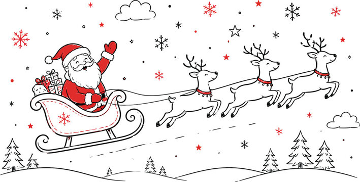 Santa claus in a sleigh pulled by reindeer, flying over a snowy landscape with snowflakes christmas