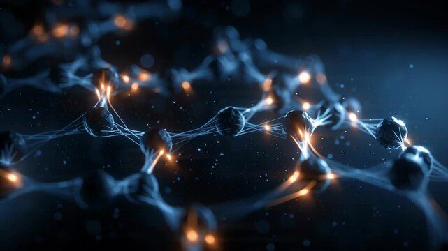 Digital 3D rendering of glowing molecular network, science and tech concept.