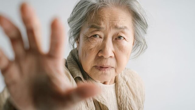 Concerned senior Asian woman extends hand toward camera in protective refusal gesture
