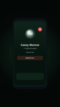 Dark minimalist mobile screen user interface displaying a missed phone call logs simulation with contact details and red notification badge