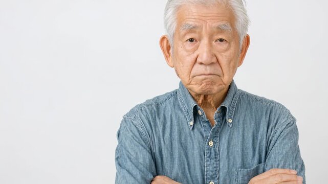 Stern senior Asian man in denim shirt stands with arms crossed looking disapproving