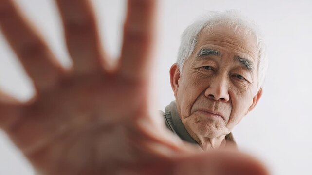 Senior Asian man extends palm forward with stern expression signaling stop or refusal