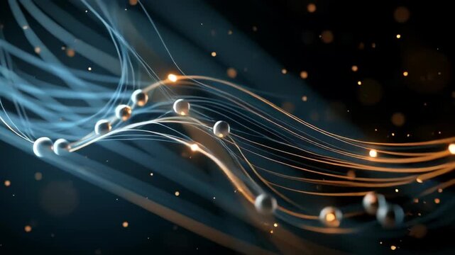Glowing particles move along wavy lines in a futuristic digital network