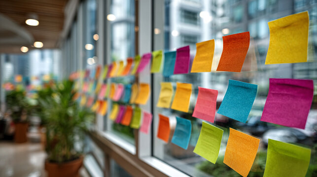 Business team brainstorming with colorful sticky notes on glass wall in modern office setting