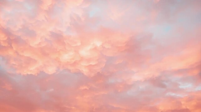 Vibrant peach pink clouds fill warm pastel sky at glowing sunset twilight