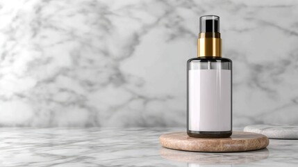 Fototapeta premium Elegant Glass Bottle with Pump on Marble Surface for Cosmetic or Skincare Product Delivery