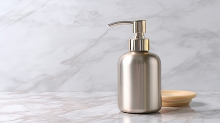 Fototapeta premium Elegant Metallic Soap Dispenser on Marble Countertop with Wooden Soap Dish for Modern Home Decor