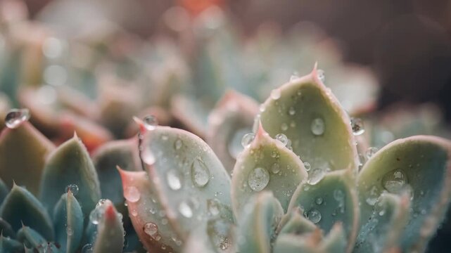 Macro close up of dewy succulent rosettes glistening with morning water droplets
