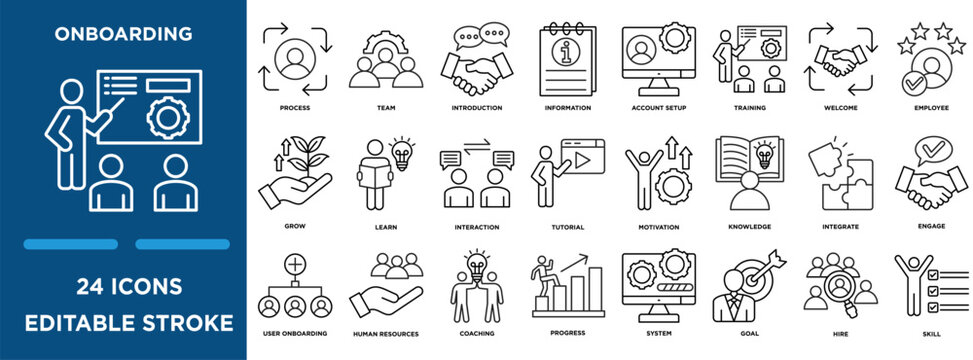 Onboarding  icon collection set. Containing design process, team, introduction, information,user onboarding, and human resources icon. simple line vector editable