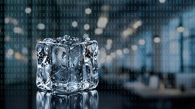 Ice cube with water drops on reflective surface with digital binary code overlay symbolizing climate risk finance impact