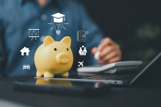 Person with piggy bank,  financial lifestyle icons, representing savings goals, investment growth, smart budgeting, education funds, travel planning, home ownership, and family security.